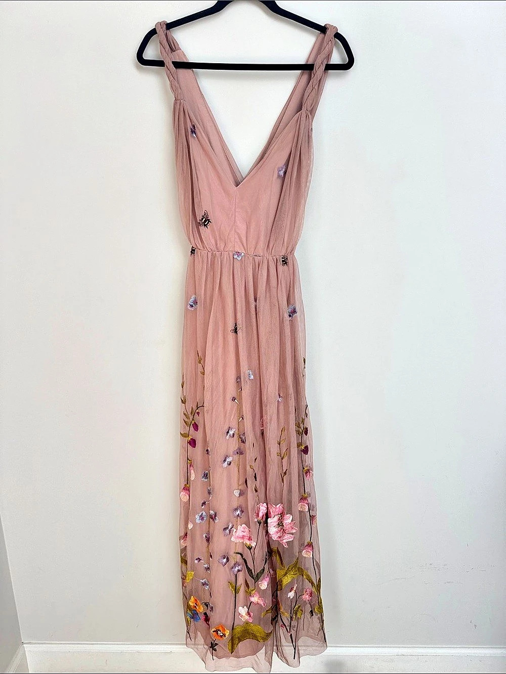 ASOS Design Pink Tulle Maxi Dress Floral Embroidery Twist Straps V-Neck Size 12